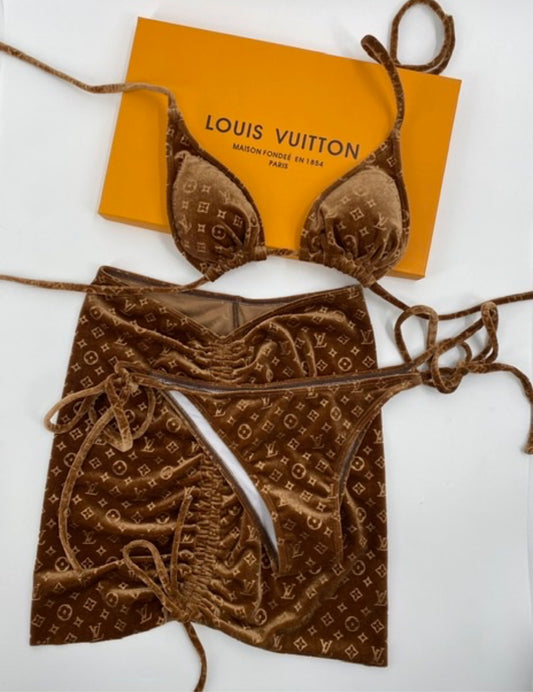 Brown Louie Velour Bikini/Skirt Set