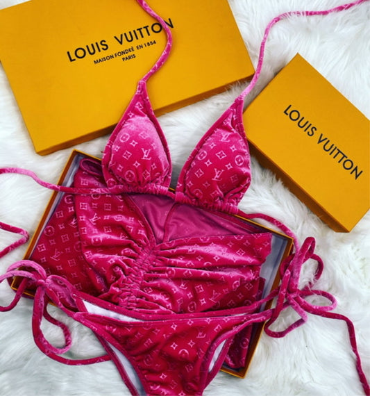 Pink Louie Velour Bikini/Skirt Set