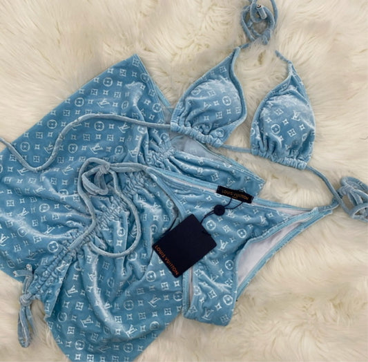 Blue Louie Velour Bikini/Skirt Set